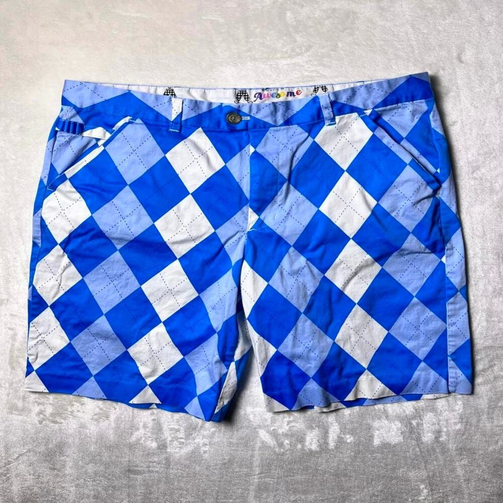 Royal & Awesome Argyle Golf Shorts Men's 36 Bold Blues White Chino Loud Course